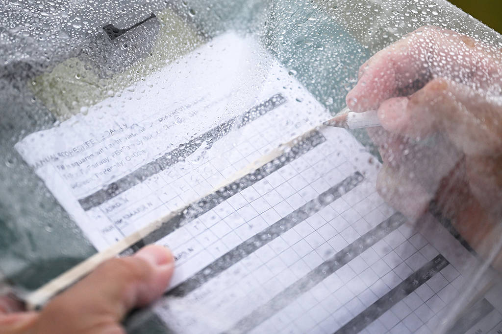 A scorecard is protected from the rain at Hoylake